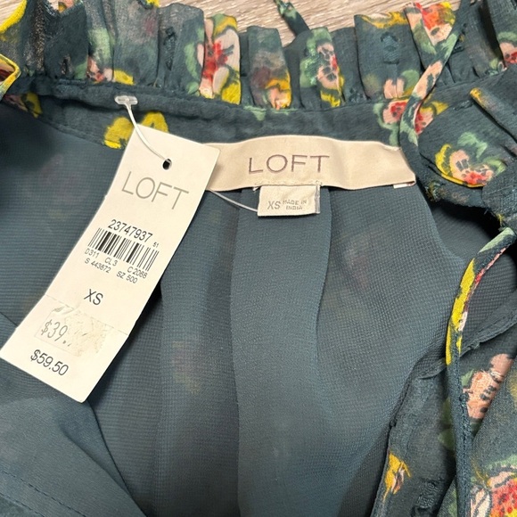 LOFT Teal Floral Blouse with Ruffle Detail - Picture 2 of 3